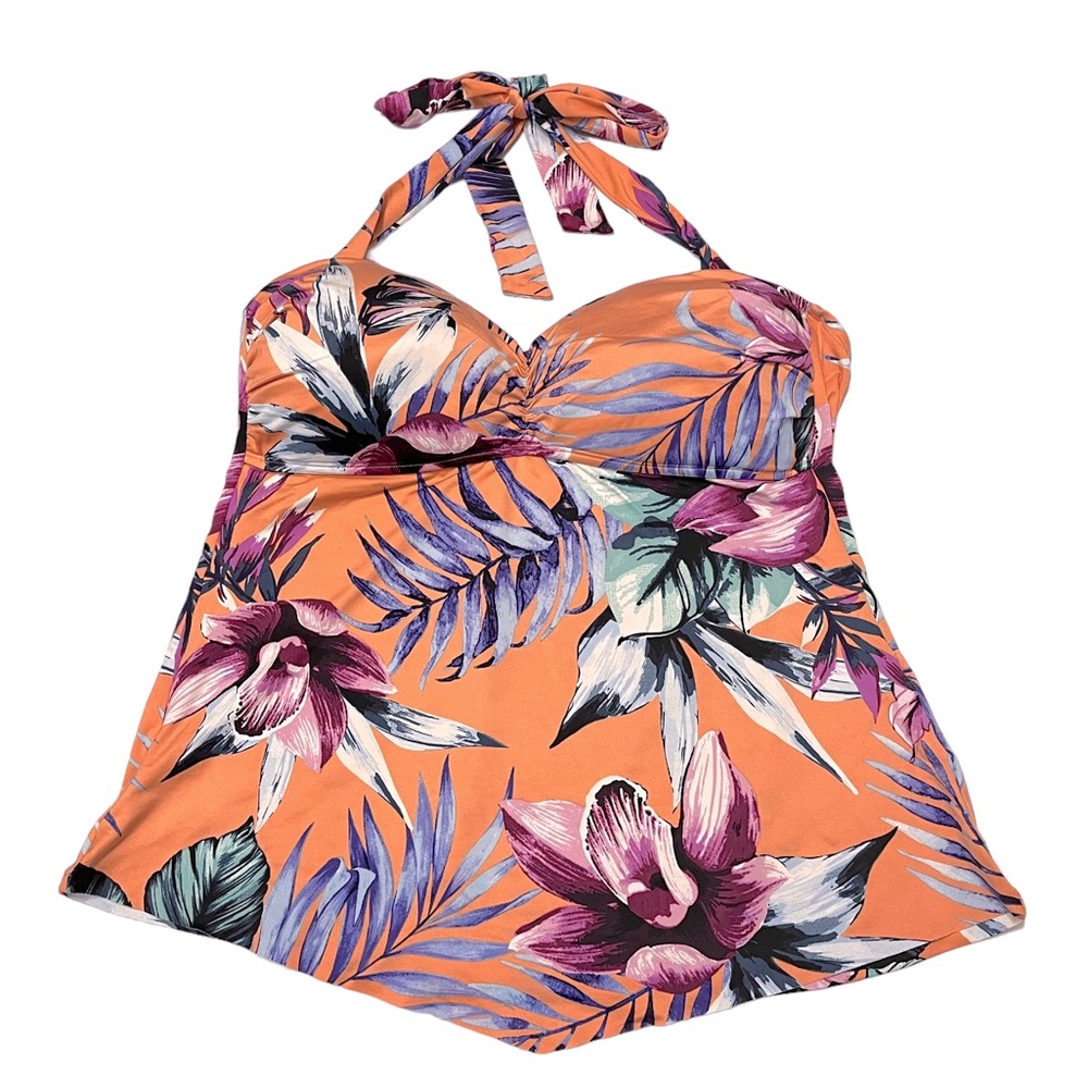 Liz Claiborne Floral Tankini Halter Tie‎ Swim Suit Size 12 Peach Padded Bikini
